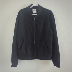 Zara Jacket Bomber Suede Black Pockets Full Zip Zipper Women's Size Large